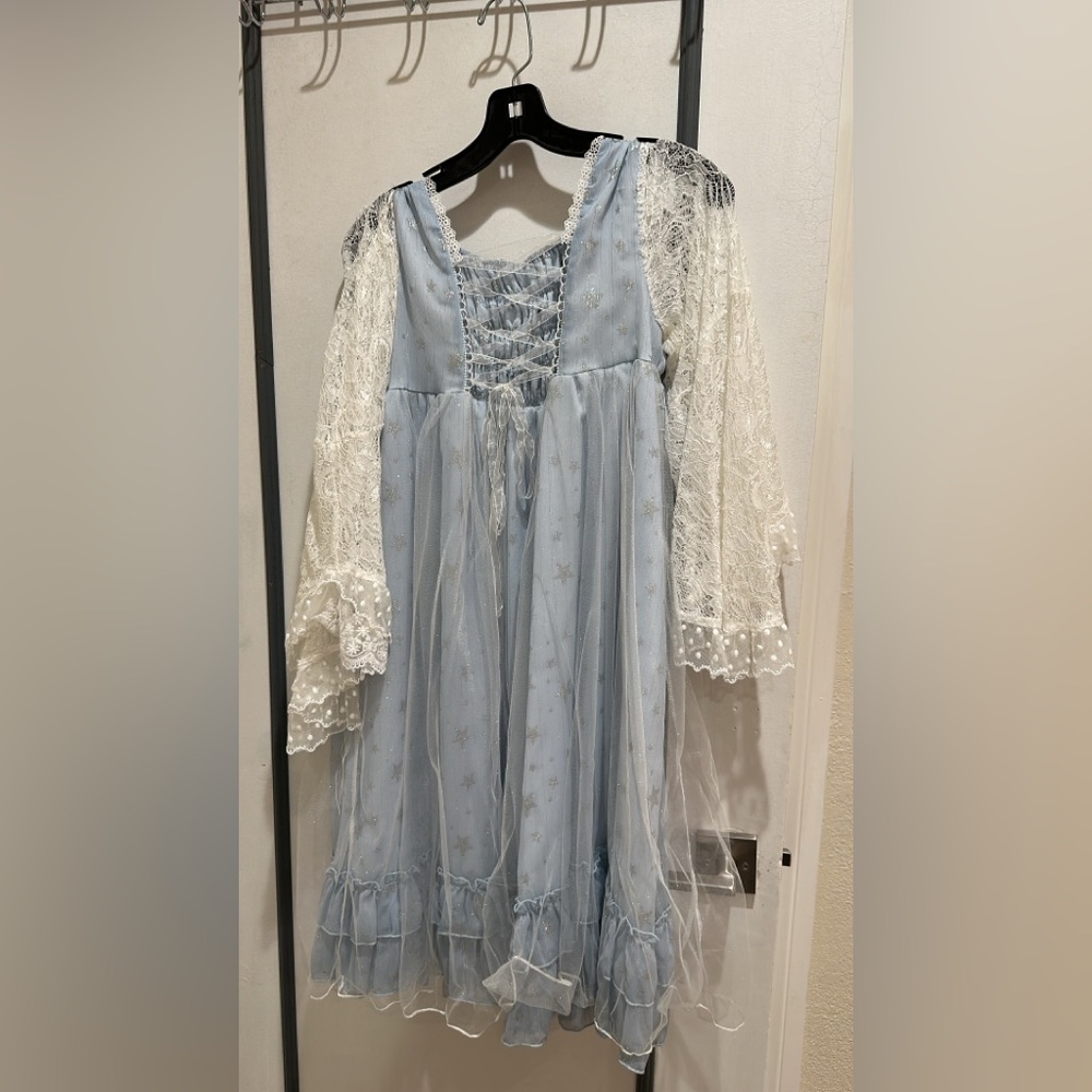 Blue Dress with Lace Sleeves